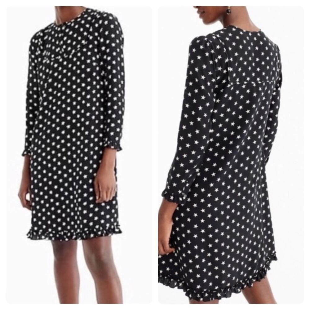 J.Crew Collection Silk Black Star Print Ruffle Trim Dress